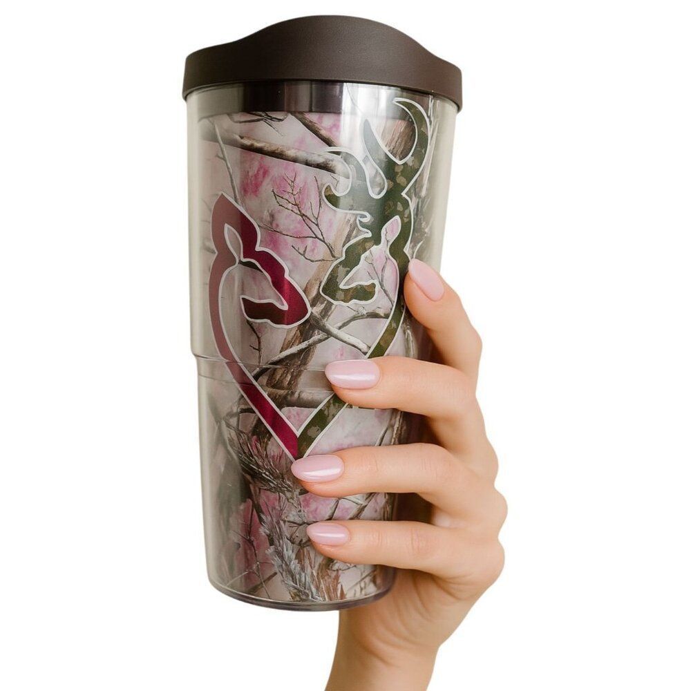 24 oz Tervis Browning Realtree Pink Doe Buck Travel Tumbler Cold Cup Brown Lid